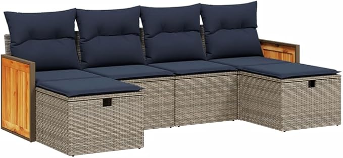 vidaXL Patio Sofa Set with Cushions 6 Piece, Outdoor Conversation Set, Sectional Sofa for Balcony Garden, Modern Style, Gray Poly Rattan