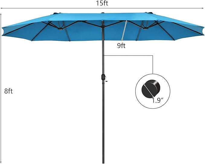 Tangkula 15Ft Double-Sided Patio Umbrella, Outdoor Extra Large Umbrella W/Hand-Crank System & Air Vents, Market Twin Umbrella W/ 12-Rib Sturdy Metal Frame for Poolside, Garden Backyard (Blue)