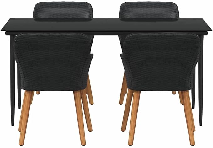 BOWERY HILL 5 Piece Poly Rattan Patio Dining Set, Black Finish, Cushioned Chairs, Tempered Glass Tabletop, Weather-Resistant, Seating for 4, Modern Outdoor Furniture for Garden or Patio Dining