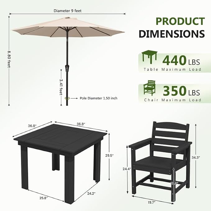KINGYES 5-Piece HDPE Outdoor Dining Set for 4, Square Patio Table & Armchairs with Umbrella Hole, All-Weather Patio Dining Set for Backyard, Garden, Lawn & Poolside, Black