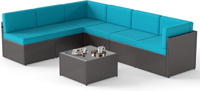 FIZZEEY 7 PCs Outdoor Patio Furniture PE Wicker Rattan Sectional Conversation Sofa Set, Turquoise