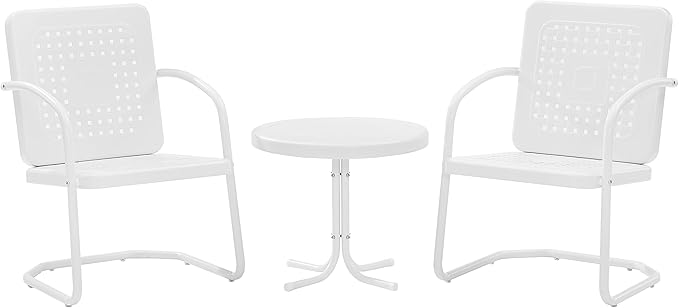 Crosley Furniture Bates 3-Piece Outdoor Chair and Side Table Set, Retro Metal Bistro Patio Conversation Sets, White Gloss and White Satin