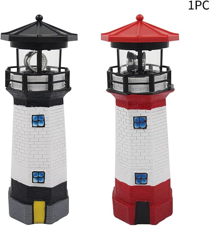 LED Solar Powered Lighthouse, Indoor Outdoor Lighthouse with Rotating Beacon LED Lights, Courtyard Waterproof Landscape Lights for Garden Patio Landscape Outside Yard Gifts Black