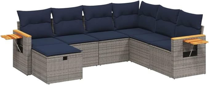vidaXL Patio Sofa Set with Cushions 7 Piece, Outdoor Conversation Set, Sectional Sofa for Balcony Garden, Modern Style, Gray Poly Rattan