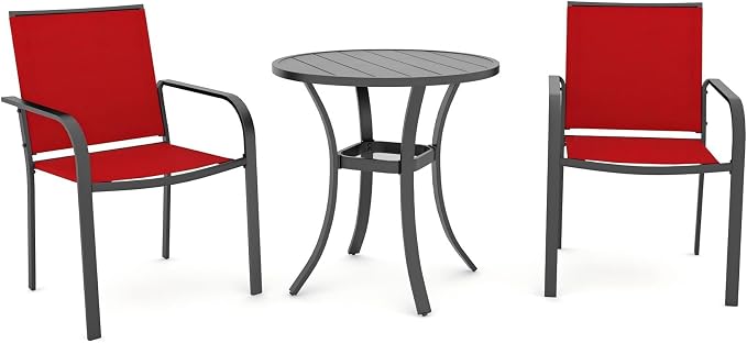 Anmutig 3-Piece Outdoor Dining Set, Small Metal Bistro Table with 2 Stackable Sling Chairs, 27.5 x 27.5 Inch Round Table, Red Fabric