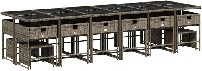 17 Piece Patio Dining Set with Cushions Gray Poly Rattan Outdoor Table and 12 Chairs Folding Space Saving Glass Top for Garden Backyard Poolside Entertaining UV Proof 242.5 lb Capacity