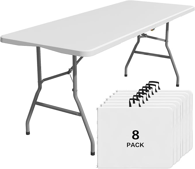 8PK Folding Table, 6FT Portable Plastic Folding Table, Foldable Dining Tables with Carrying Handle for Party, Picnic, Camping, Easy to Fold and Storage, for Indoor or Outdoor Use