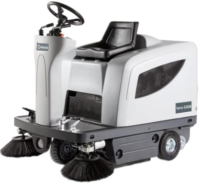 Advance 56100785 Terra 4300B Compact Ride-on Sweeper with Four 305 Ah Wet Batteries, 0.8 hp Drive Motor, 46" Sweep Path, 60720 sq ft/hr Max. Theoretical Productivity, 63.8 dBA Sound Pressure Level