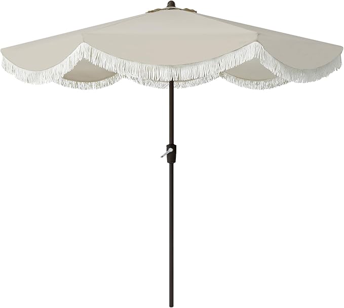 Tempera 9ft Auto Tilt Scalloped Patio Umbrellas with Fringe, Outdoor Table Umbrellas with Fade Resistant Canopy, 8 Sturdy Rids, Luxurious Vintage Umbrellas for Lawn, Pool, Deck, Balcony