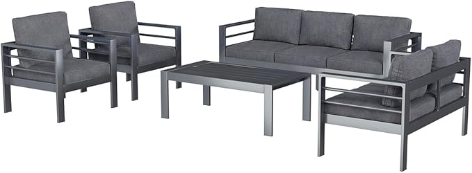 AECOJOY Aluminum Patio Furniture Set, 7 Seats Modern Outdoor Furniture with Coffee Table, 5 Pieces Metal Conversation Sectional Sofa, Dark Gray
