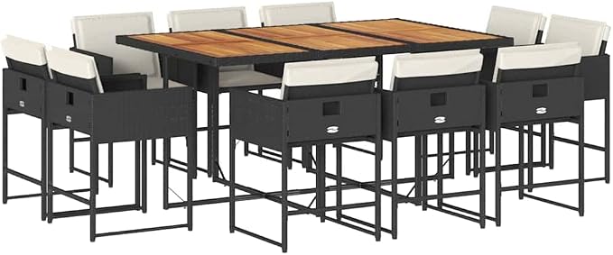 11 Piece Patio Dining Set with Cushions Black Poly Rattan Outdoor Table and 10 Folding Chairs Weatherproof PE Wicker Garden Furniture Set for Backyard, Deck, Poolside, Al Fresco Stable Acacia Wood