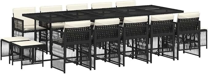 Garden Dining Set Black PE Rattan Large Foldable 15-Piece Outdoor Patio Table with Tempered Glass for 14 People UV-Resistant Removable Cushion Easy Assembly
