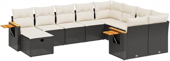 10 Piece Black Poly Rattan Patio Conversation Set with Cream Cushions, 21.7 x 21.7 x 14.6 in Acacia Wood Outdoor Sectional Sofa for Garden, Patio & Balcony