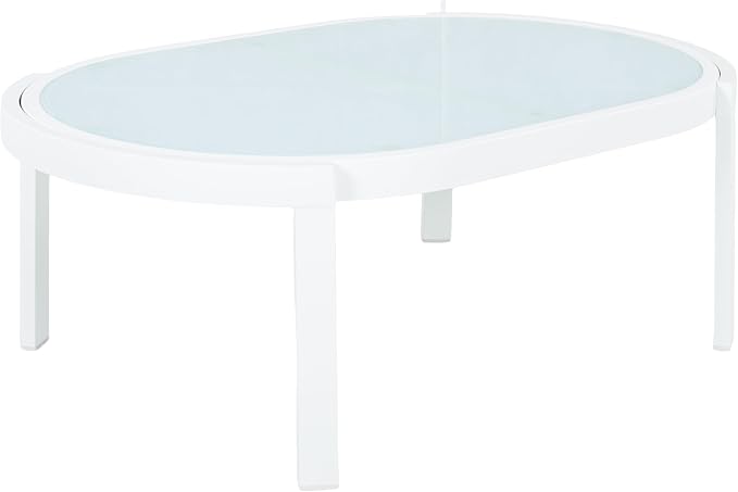 Merax Modern Outdoor Oval Coffee Table with Tempered Glass Top, White Aluminum Frame, Weather-Resistant Patio Center Table for Backyard, Deck & Poolside, White