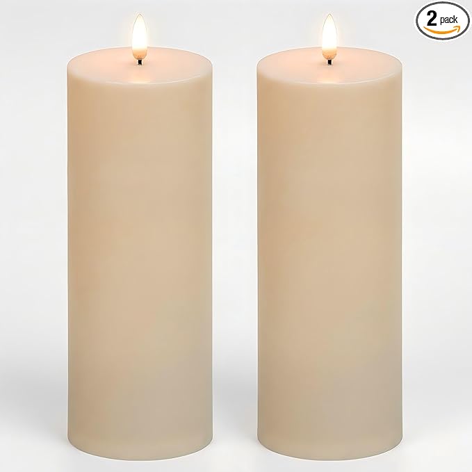 ANGELLOONG Large Flameless Candles Outdoor with Timer, Waterproof 8"x3" Pillar Candles Battery Operated, 2 Pack Flickering LED Candles for Patio Decor, Lanterns Backyard