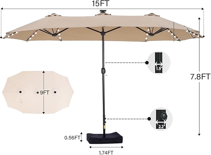 15ft Double Sided Patio Umbrella with Solar Lights, Outdoor Large Umbrellas with Crank Handle and 36 LED Lights, Rectangular Market Umbrella with Base Included for Deck Pool Shade (With Base)