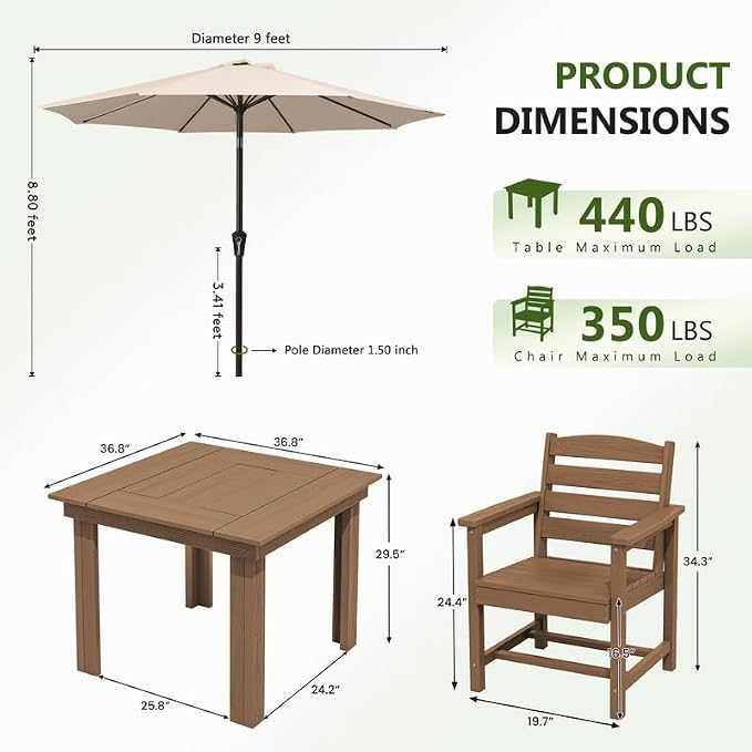 KINGYES 8-Piece HDPE Outdoor Dining Set for 6, Square Patio Table & Armchairs with Umbrella Hole, All-Weather Patio Dining Set for Backyard, Garden, Lawn & Poolside, Brown
