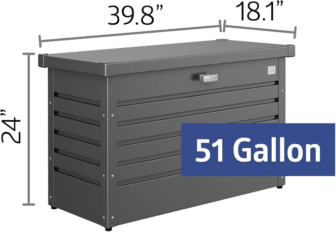 Biohort LeisureTime Metallic Dark Gray Deck Box - 51 Gallon Metal Outdoor Storage, Locking, Waterproof, for Tools, Cushions, Pool & Package Chest, Soft Close Size: 18in x 40in x 25in | 39.7 L x 18 W x 24 H, Durable Outdoor Storage, Locking, Waterproof,...