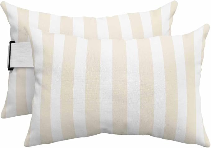 Cream Striped Outdoor Chaise Lounge Head Pillow with Insert,Modern Farmhouse Cream White Stripes Waterproof Headrest Lumbar Pillow Cusion Cover with Elastic Strap for Patio Beach Recliner,11"x16" 2PCS