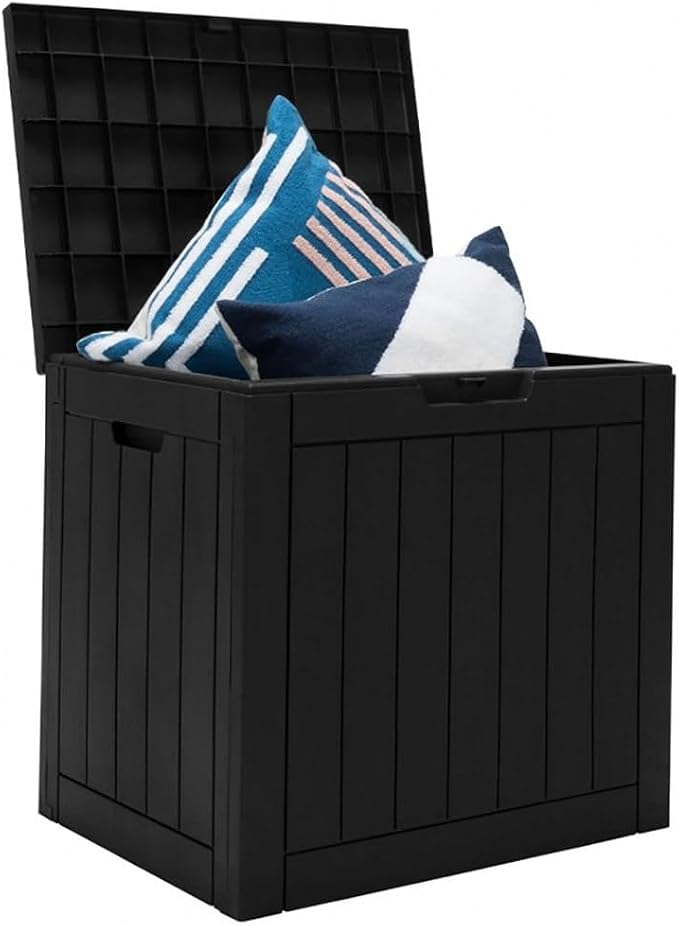 PP Woodgrain Black 30-Gallon Deck Storage Box with Lockable Waterproof Lid & Handles, 22x17x21in for Patio/Outdoor