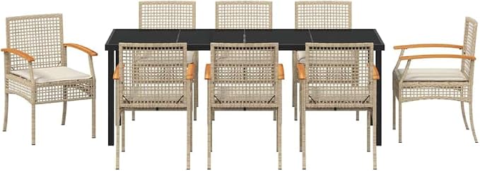 9-Piece Outdoor Garden Dining Set, Patio Rattan Furniture with Cushions, Modern Beige and Black Table and 8 Chairs for Backyard Terrace