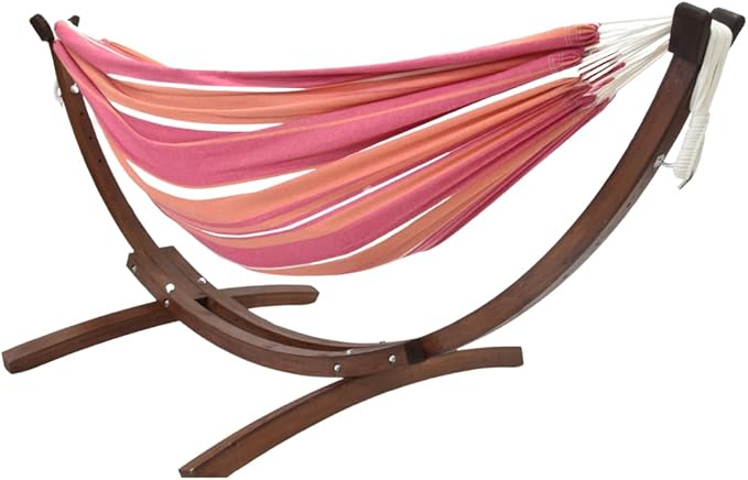 Vivere Double Cotton Hammock with Solid Pine Arc Stand - 450 lb Capacity, Durable FSC Wood Frame, Comfortable 87 Bed, Includes Hardware & User Guide (Mimosa)