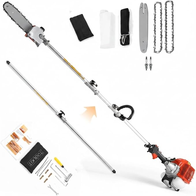 Homdox 58CC Gas Pole Saw, 2-Cycle Gas Powered Tree Trimmer with 11.5" Guide Bar, 16FT Reach Extension Pole Saw for Tree Trimming & Pruning, Includes 2 Chains, 2 Spark Plugs & Shoulder Strap, Red