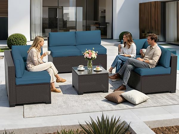 7 Pieces Outdoor Patio Furniture Set, Wicker Modular Sectional Sofa, All Weather Conversation Sets with Glass Table for Yard, Garden, Poolside, Dark Brown Rattan & Peacock Blue Cushions
