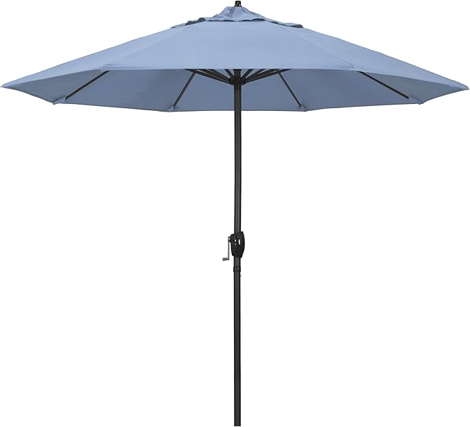 California Umbrella 12-Year Protection 9' Rd Aluminum Patio Umbrella, Crank Lift, Auto Tilt, Black Finish, Sunbrella Air Blue