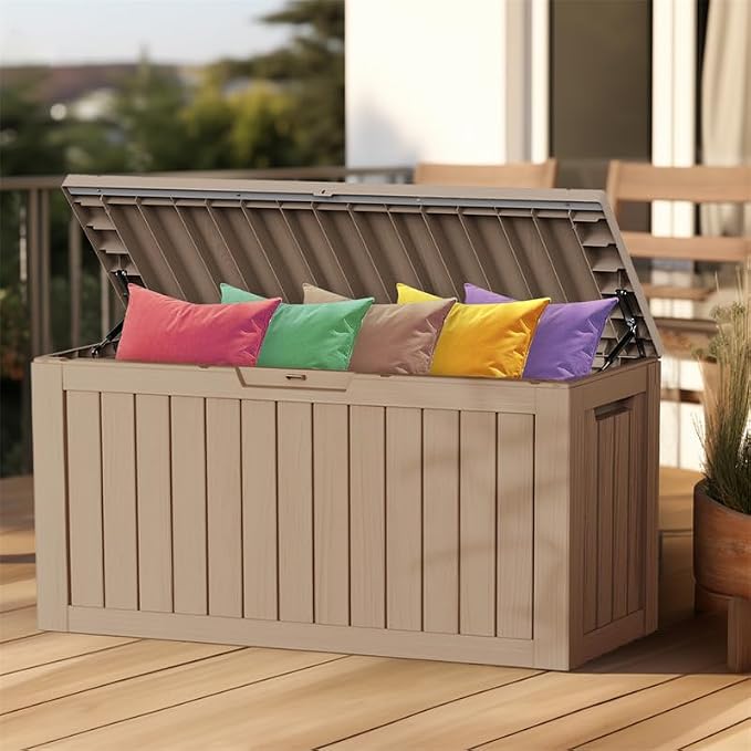 Outdoor Waterproof Resin Storage Deck Box Lockable Outside Bench UV Resistant Bin Patio Porch Furniture Pool Float Garden Tool Cushion (Grey, 90 Gallon)