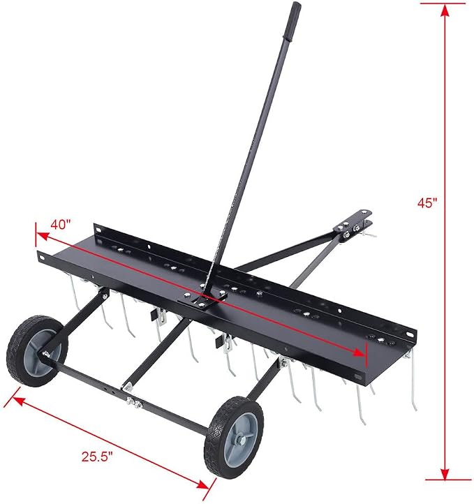 Tow-Behind 40" Lawn Sweeper and Dethatcher, 20 Rust-Proof Tine Landscape Rake, Riding Lawn Mower Attachment for Thatch Removal and Yard Maintenance