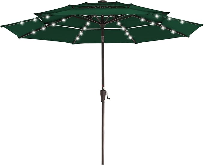 JEAREY 3 Tiers Patio Umbrella with Solar Lights 9ft Outdoor Market Table Umbrellas with Push Button Tilt for Outside Pool Garden, Dark Green