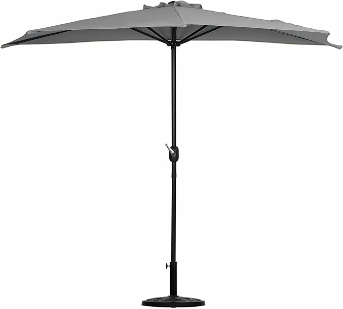WO Home Furniture 9 ft Half Market Outdoor Umbrella With Sturdy Half Base included, Polyester Canopy, All Weather and UV Resistant for your Patio, Awning, Window, Garden, Balcony, Gray