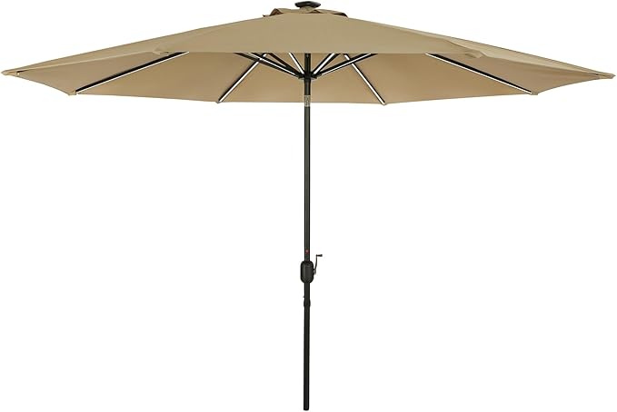 Island Umbrella Calypso 11 ft Octagon Patio Umbrella – With Crank Lift, Push-Button Tilt, Rust-Resistant Aluminum Pole, 8-Rib Frame, Solar LED Lights & Breez-Tex Weather-Resistant Canopy – Champagne