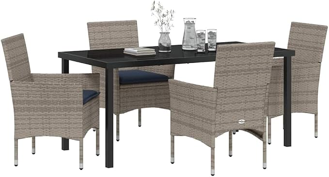 5 Piece Outdoor Dining Set, Grey PE Rattan Patio Furniture Table and Chair Set with Tempered Glass Tabletop and Cushions for Garden Backyard Deck