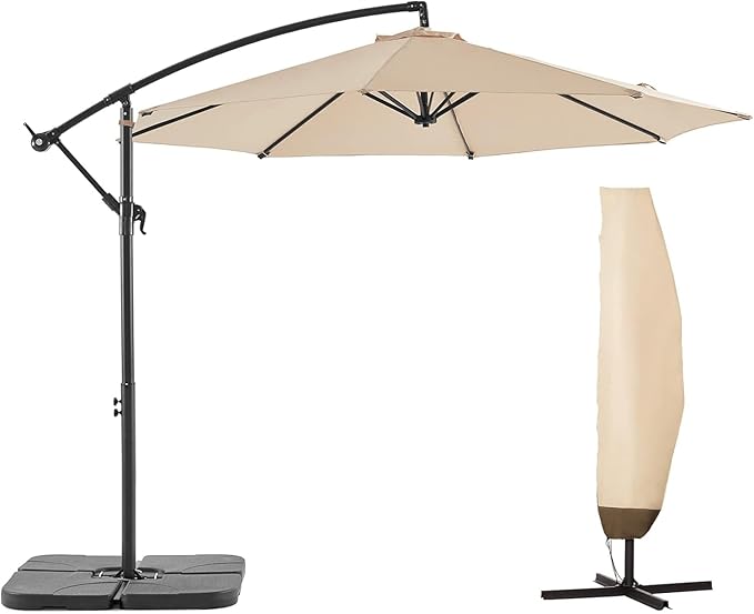 BLUU BANYAN 10 FT Patio Offset Umbrella Cantilever Hanging Umbrellas, 24 Month Fade Resistance & Water-repellent UV Protection, Crank & Cross Base (Beige, 10 FT WITH 600D COVER)