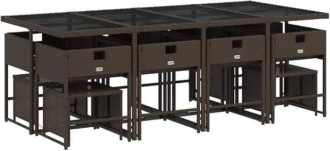 13 Piece Patio Dining Set with Cushions Brown Poly Rattan Outdoor Table 8 Chairs 4 Stools Tempered Glass Top Foldable Compact Storage UV-Proof