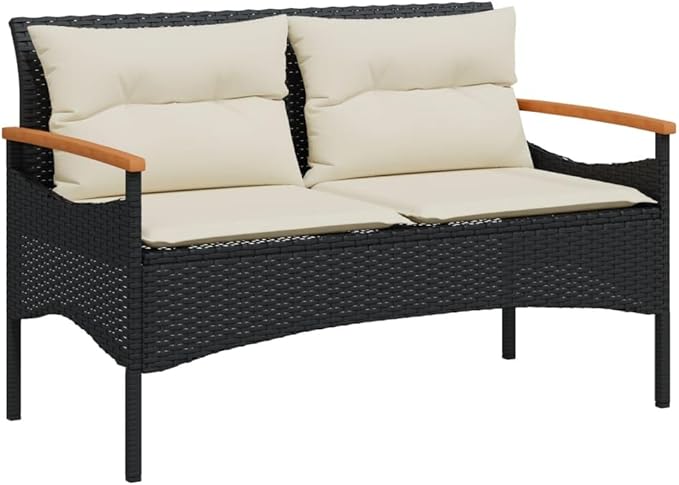 4 Piece Patio Sofa Set Black Poly Rattan Outdoor Conversation Set with Cream Cushions for Backyard Patio Balcony Porch