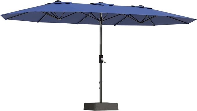 15FT Extra Large Double-Sided Patio Umbrella with Solar LED Lights – Heavy-Duty Rectangular Outdoor Market Umbrella, Fade-Resistant UV Canopy, Included Base for Backyard, Pool, Deck, Garden – Beige/Mist Blue