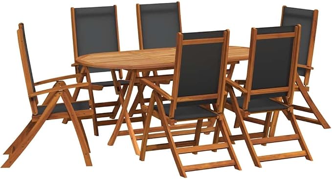 7-Piece Acacia Wood Oval Dining Set with Reclining Chairs | Features a dark oil finished table and 6 folding chairs with black textilene fabric for patio and backyard use.