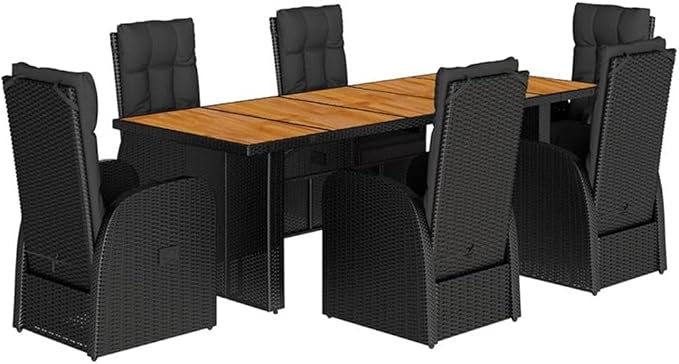 Afuera Living Contemporary Outdoor Dining Set, 7-Piece Rattan and Acacia Wood, Black Finish, Includes Table and 6 Chairs with Cushions, Modern Patio Furniture for Garden, Terrace, Balcony, Seats 6