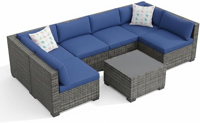 Litake 7 Piece Patio Furniture Sets, Iron Frame with Gradient Wicker, Soft Cushions, Modular Outdoor Conversation Furniture for Garden, Backyard & Patio