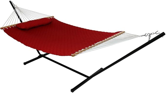 Sunnydaze Quilted Fabric Double Hammock with 12-Foot Stand - 400-Pound Capacity - Black Stand - Red