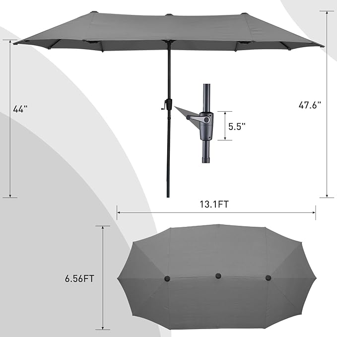 13 ft Patio Umbrella, Large Rectangle Outdoor Umbrella with Strap, Crank, Grey
