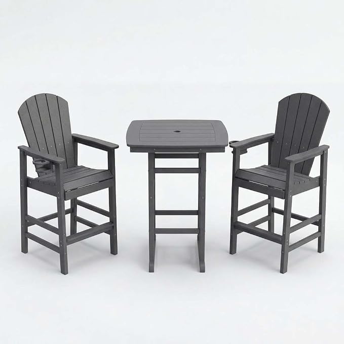 WILLIAMSPACE Height Patio Bar Table Set of 3, Outdoor Square Bar Table with Umbrella Hole, 2 Bar Stools with Cup Holders, 3-Piece All-Weather Outdoor Bistro Set for Kitchen Outside (Grey)