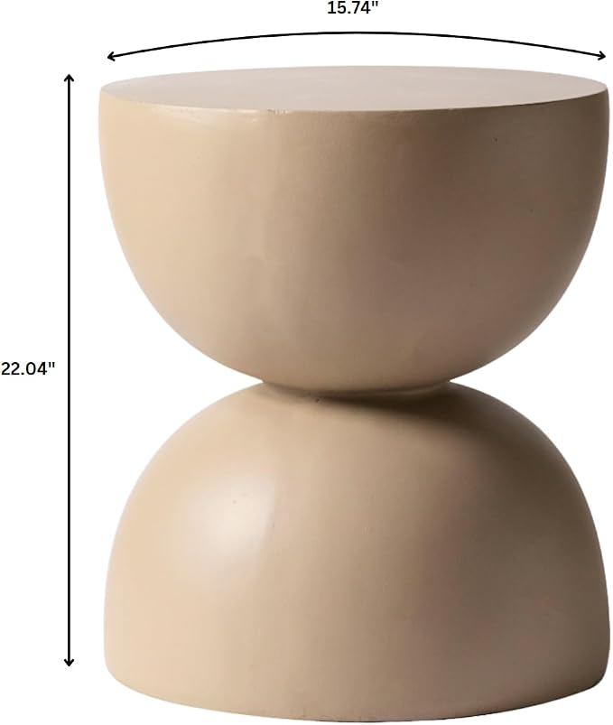 LeisureMod Minimalist Side Table, Fiber stone Round Hourglass Accent End Table Stool for Outdoor Patio, Indoor Home, Living Room Sofa, Weather-Resistant, Sage Series in Beige