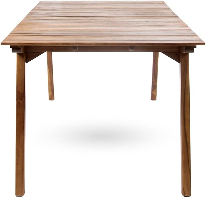 Merax Outdoor Dining Table Set for 6, Acacia Wood 68.5" Rectangle Table with Slat Tabletop + 6 Armchairs with Curved Back & Armrest & Water-Resistant Cushions, Patio Dining Set, Teak Finish