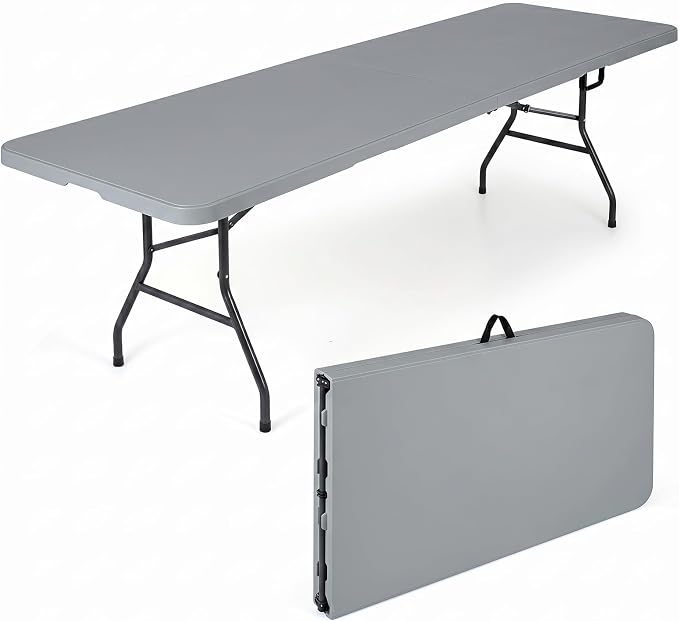 Goplus 8ft Plastic Folding Table, 350 LBS Outdoor Heavy Duty Folding Tables with HDPE Tabletop, Handle, Lock, Foldable Rectangle Portable Utility Card Table for Picnic, Party, Camping, Dining