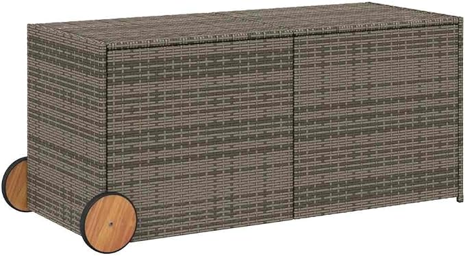 Garden Storage Box with Wheels, 283L PE Rattan Patio Storage Box Grey, Height Adjustable Outdoor for Cushions and Blankets
