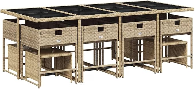 12-Seater Garden Dining Set, Rectangular Outdoor Patio Table with Tempered Glass Top, Foldable Rattan Chairs for Backyard and Balcony, Beige and Black